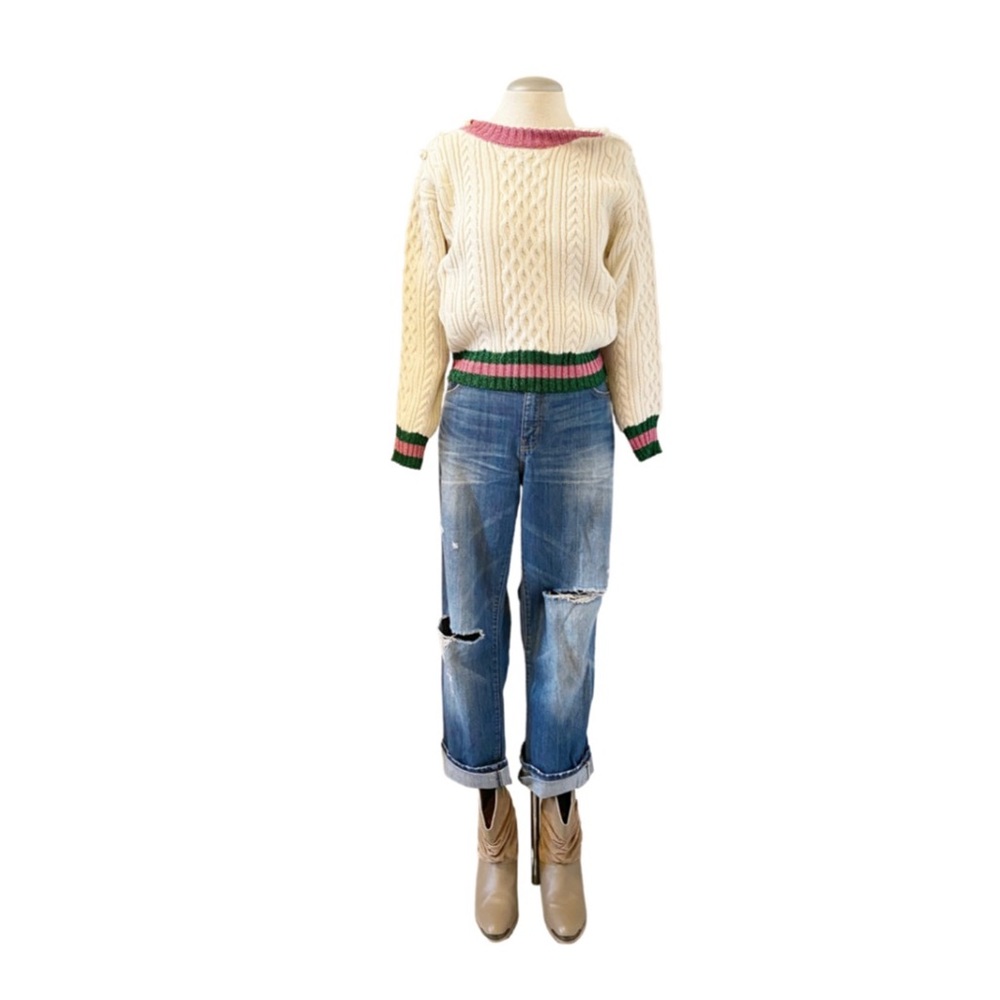 VINTAGE - KNIT SWEATER W/ METALLIC VARSITY STRIPE